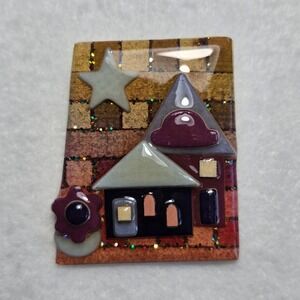 House Pins by Lucinda Brooch Resin Vintage Whimsical Folk Art House Star Glitter
